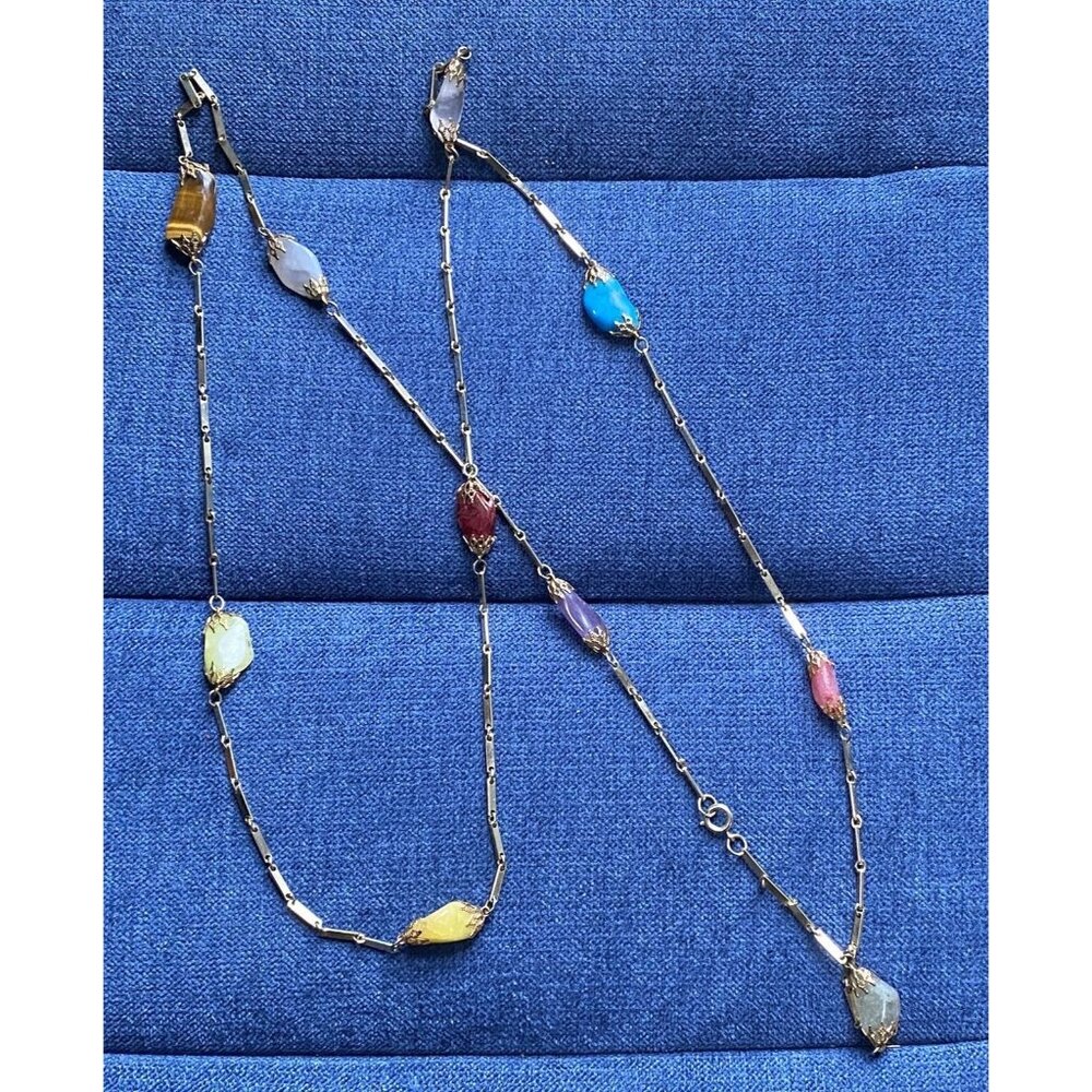 Vintage Strand Necklace Stone Goldtone Multicolor Long